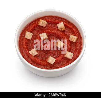 Tomato soup with croutons isolated on white background Stock Photo