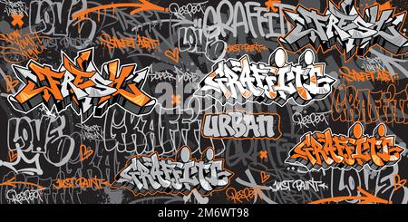 Graffiti background with throw-up and tagging hand-drawn style. Street art graffiti urban theme for prints, banners, and textiles in vector format. Stock Vector
