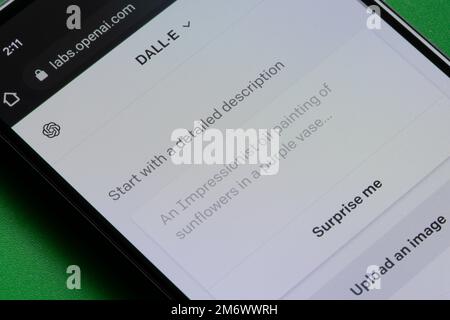 The user interface of DALL·E 2, an AI system developed by OpenAI that creates realistic images and art from a description in natural language, is seen... Stock Photo