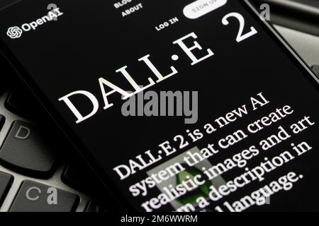 Webpage of DALL·E 2, a new AI system developed by OpenAI that can create realistic images and art from a description in natural language, is seen on a... Stock Photo