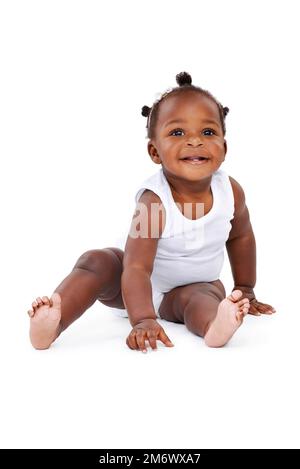 Dont make me get up here. Studio shot of an adorable baby girl isolated on white. Stock Photo