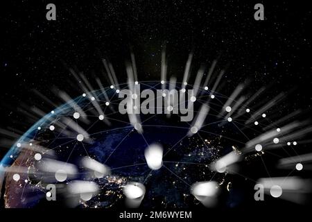 Planet Earth covered in a network. Elements of this image furnished by NASA. Stock Photo