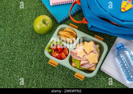Healthy school lunch box with sandwich and salad at school yard