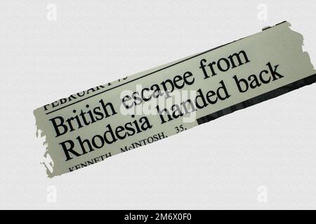 British escaoee from Rhodesia handed back - news story from 1975 newspaper headline article title with overlay Stock Photo