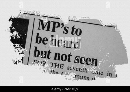 MP's to be heard but not seen - news story from 1975 newspaper headline article title with overlay Stock Photo