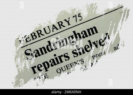 Sandringham repairs shelved - news story from 1975 newspaper headline article title with overlay Stock Photo