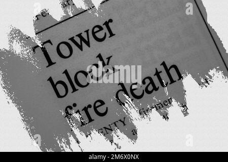 Tower block fire death - news story from 1975 newspaper headline article title with overlay Stock Photo
