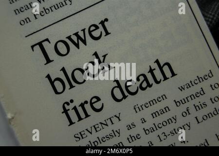 Tower block fire death - news story from 1975 newspaper headline article title Stock Photo