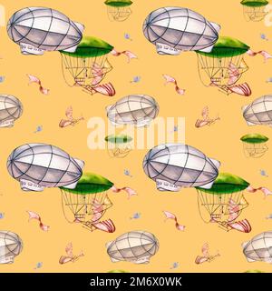 Retro aerostate vintage style watercolor seamless pattern isolated on yellow. Aircraft, dirigible, airship in the sky hand drawn. Cute childish design Stock Photo