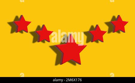 Five red stars on a yellow background, service and service rating concept. 3D render illustration Stock Photo