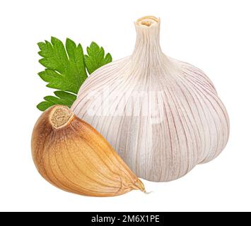 Falling peeled garlic cloves isolated on white background with clipping ...