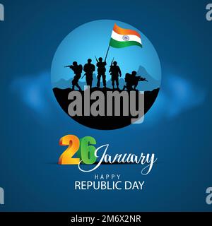 happy republic day. abstract vector illustration of Indian army with flag. blue white background Stock Vector