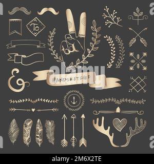 Rose gold hand sketched badges and banners ornaments vector set Stock Vector