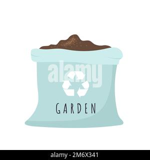 Canvas bag with garden soil. Farming or gardening hobby. Organic fertilizer or compost icon. Vector illustration in flat cartoon style. Zero waste Stock Vector