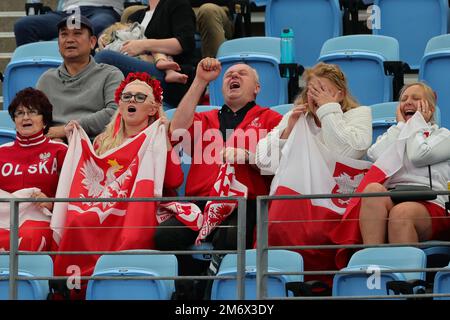 Sydney, Australia. 06th Jan, 2023. Polish fans react during the Semi Final between Frances Tiafoe of USA and Kacper Zuk of Poland match at the United Cup Day 9 at Ken Rosewall Arena, Sydney Olympic Park Tennis Centre, Sydney, Australia on 6th January 2023. Photo by Peter Dovgan. Editorial use only, license required for commercial use. No use in betting, games or a single club/league/player publications. Credit: UK Sports Pics Ltd/Alamy Live News Stock Photo