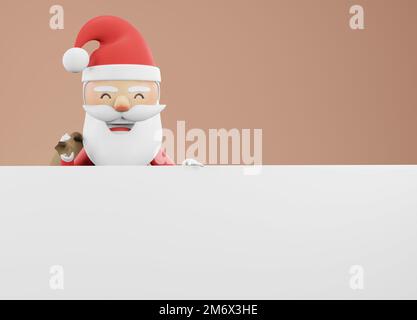 3d render , Happy New Year and Merry Christmas card. Happy, funny Santa Claus standing behind a blank signboard , blank sign Stock Photo