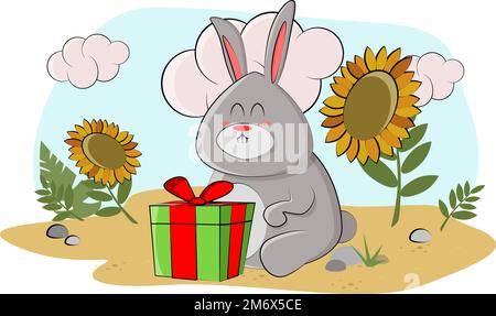 Cute bunny received a gift in the meadow  Stock Vector
