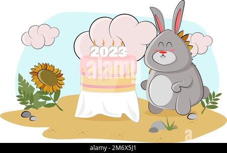 A cute bunny baked a cake for 2023 and decided to treat all the animals in the forest Stock Vector