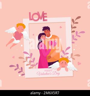 banner with cute flat illustration of lovers in photo frame with angels and twigs with leaves Stock Vector