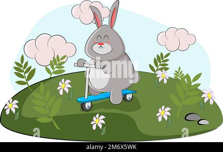 cute bunny bought a scooter and decided to ride in the meadow Stock Vector