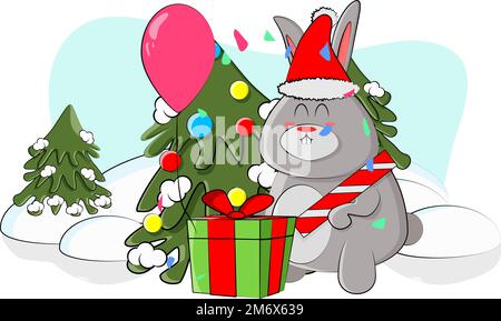 A cute bunny celebrates the New Year in the forest near a decorated Christmas tree Stock Vector