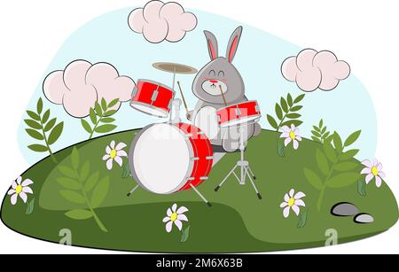 A cute bunny plays a drum kit in his meadow Stock Vector