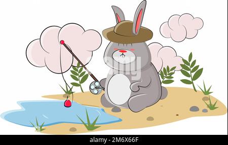 Cute bunny is fishing on the lake near the house Stock Vector