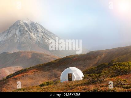 The glamping on volcano in kamchatka peninsula in sun light Stock Photo