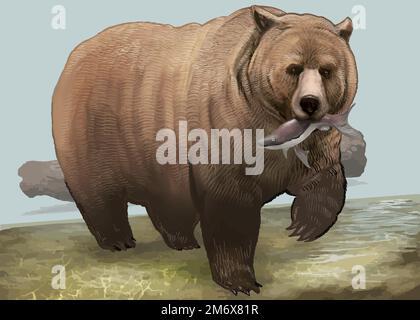 Grizzly bear with fish in his mouth vector Stock Vector