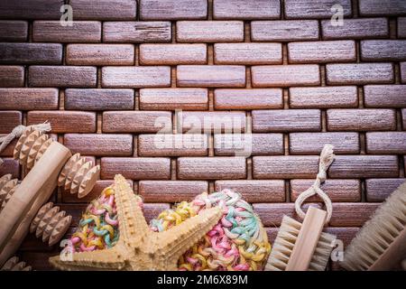 Big set of bathing items on textured wooden table mat healthcare concept. Stock Photo