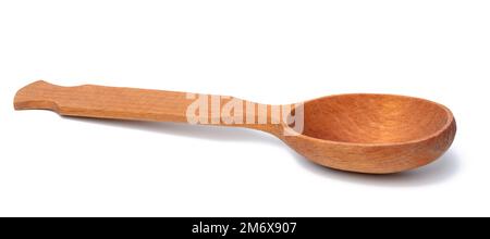 Empty wooden old vintage spoon with long handle isolated on white background Stock Photo
