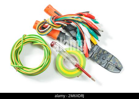 electric tools insulated stripper insulation tape set o wires tester isolated on white Stock Photo