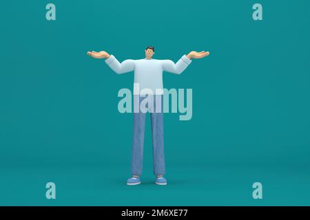 Cartoon character wearing jeans and  long shirt. He is expression  of body and hand when talking. 3d rendering in acting. Stock Photo