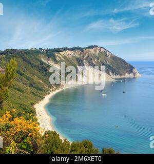 Summer Adriatic sea bay and blossoming Spiaggia Mezzavalle beach near Portonovo and Ancona towns in the Marche region. Italy, Co Stock Photo