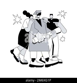 Graduation abstract concept vector illustration. Graduation day, getting an academic degree, announcements, caps in air, happy students with diploma, Stock Vector