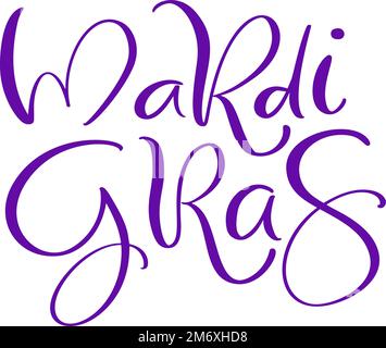 Vector lettering text for Mardi Gras carnival, filigree calligraphic font with traditional symbol of mardi gras fleur de lis, elegant fancy logo with Stock Vector
