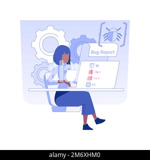 Bug report isolated concept vector illustration. Professional QA engineer writing bug report document, IT company worker, software development, qualit Stock Vector