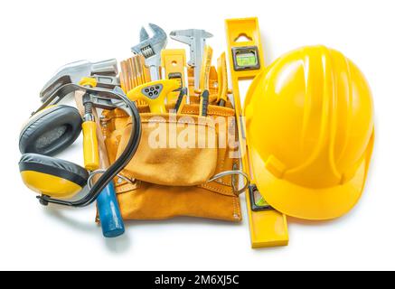 construction tools isolated on white helmet toolbelt earphones and other Stock Photo