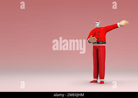 A man wearing Santa Claus costume. He is expression of hand when talking. 3d rendering of cartoon character in acting. Stock Photo