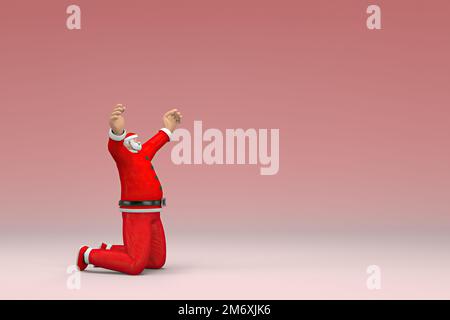 A man wearing Santa Claus costume issit down.  3d rendering of cartoon character in acting. Stock Photo