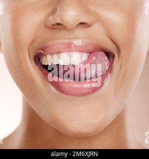 Dental, teeth and beauty with smile of woman for product, wellness and oral hygiene cosmetics. Self care, orthodontics and teeth whitening with mouth Stock Photo