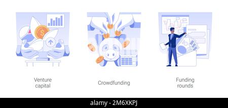 Raising money for startup isolated concept vector illustration set. Venture capital, crowdfunding strategy, funding rounds, private equity financing, Stock Vector