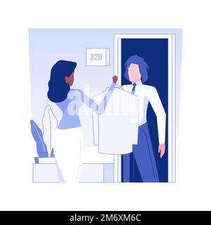 Hotel laundry service isolated concept vector illustration. Smiling hotel worker brought the man dry cleaning and ironing clothes, business travel, ac Stock Vector