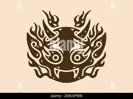 The illustration drawing of devil face with horns and flames Stock Vector