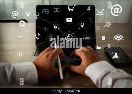 social media marketing internet network technology digital online  close up on man hand using computer Stock Photo