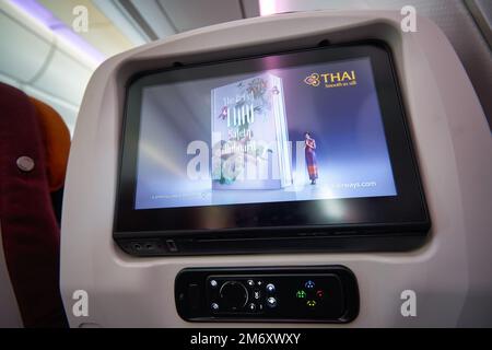 PHUKET, THAILAND - CIRCA JANUARY, 2020: close up shot of seat back screen on board of Thai Airways Airbus A350. Stock Photo