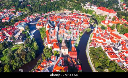 Cesky Krumlov, Czech Republic. Beautiful landscape with Vltava River and aerial view over the historical Krumlov, UNESCO heritage in Bohemia. Stock Photo