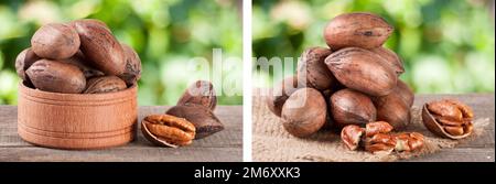 pecan nuts in a wooden bowl on the old board with blurred garden background Stock Photo