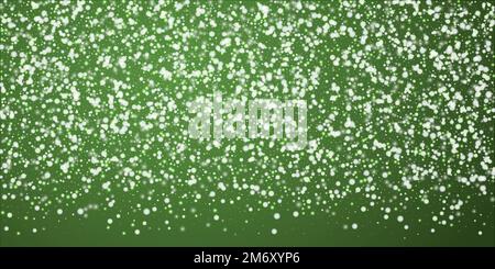 Snowfall overlay christmas background. Subtle flying snow flakes and stars on christmas green background. Festive snowfall overlay. Wide vector illustration. Stock Vector