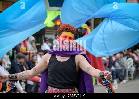 The arrival of the Ipial family to the Multicolor Carnival of the Border, is a tribute to the first founding indigenous families of the city. Ipiales, Stock Photo